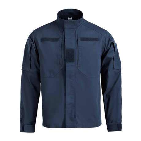 M-Tac Jakke Patrol Flex med Velcro-dækning, YKK fittings og ståkrave, designet til taktisk brug, set forfra i mørkeblå farve.