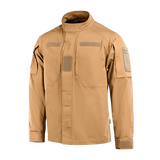 M-Tac Jakke Patrol Flex i beige med lodrette brystlommer og velcro-paneler, designet til taktisk brug med komfortabelt snit.