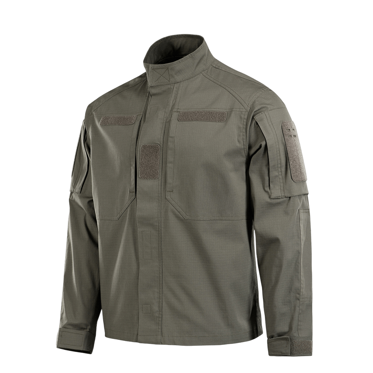 M-Tac Jakke Patrol Flex med Velcro, ståkrave, skjulte brystlommer og ventilationsøjer, designet til taktisk brug.