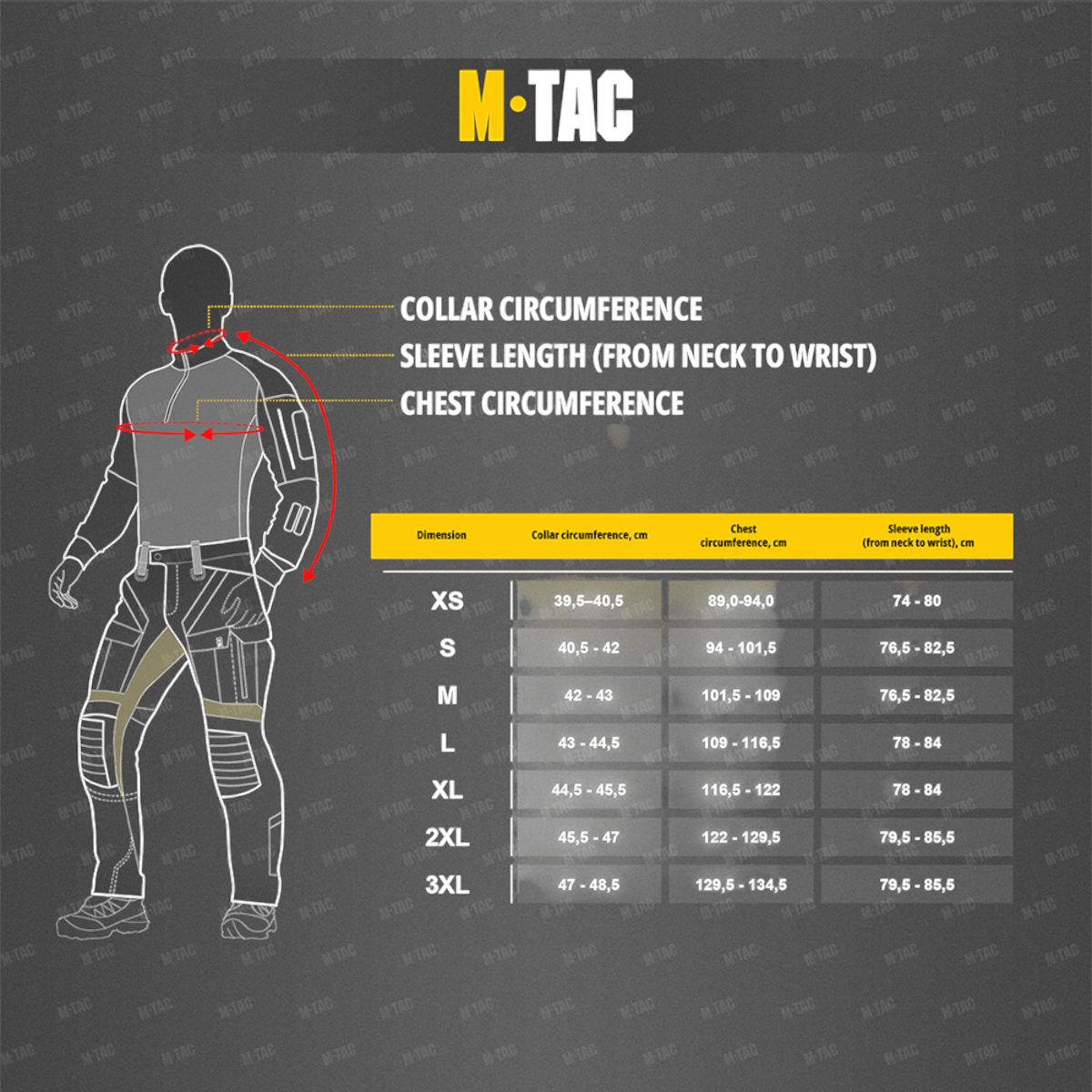 M-Tac størrelsesguide for M-Tac Patrol Flex Jakke viser krave, ærmelængde og brystmål for størrelser XS til 3XL.