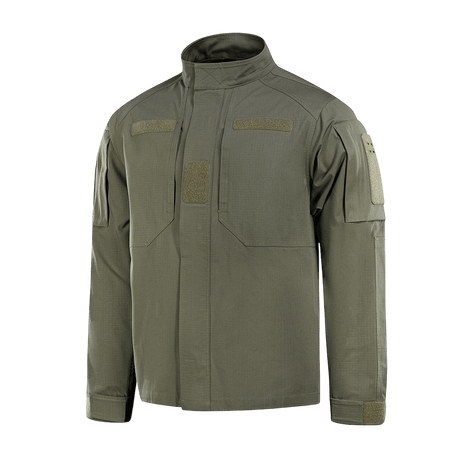 M-Tac Jakke Patrol Flex i grøn med velcro-paneler og YKK fittings, designet til taktisk brug, ståkrave, skjulte lommer og ventilationsøjer.