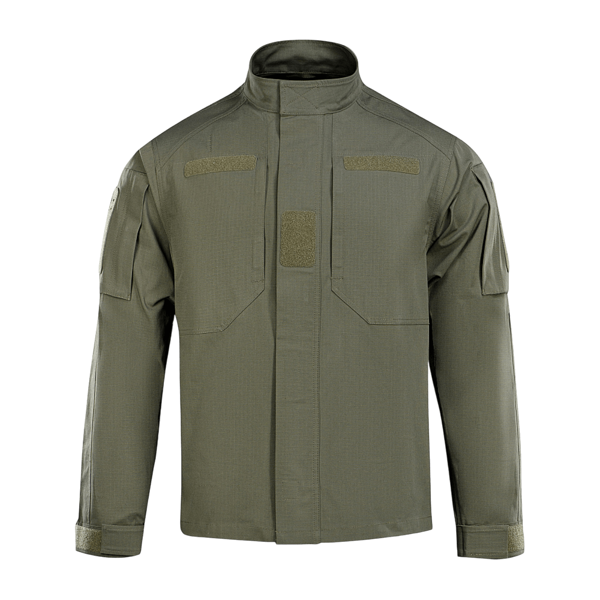 M-Tac Jakke Patrol Flex i olivengrøn med velcro- og YKK fittings, designet til taktisk brug, ståkrave og ventilationsøjer.
