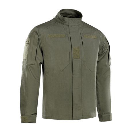 M-Tac Jakke Patrol Flex med velcro-lommer og ventilationsøjer, ideel til taktisk brug, i olivengrøn farve.