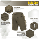 M-Tac Shorts Rubicon Flex Dark Olive med cargo-lommer og YKK lynlåse, designet til komfort og funktionalitet i sommervejr.
