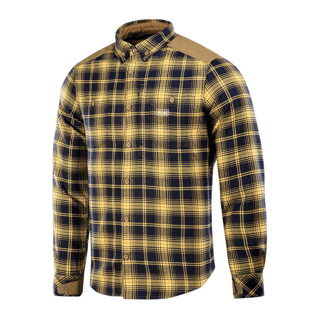 M-Tac Redneck Skjorte i navy blue og gul plaid, taktisk skjorte med justerbare velcro ærmer og forstærkede skuldre.