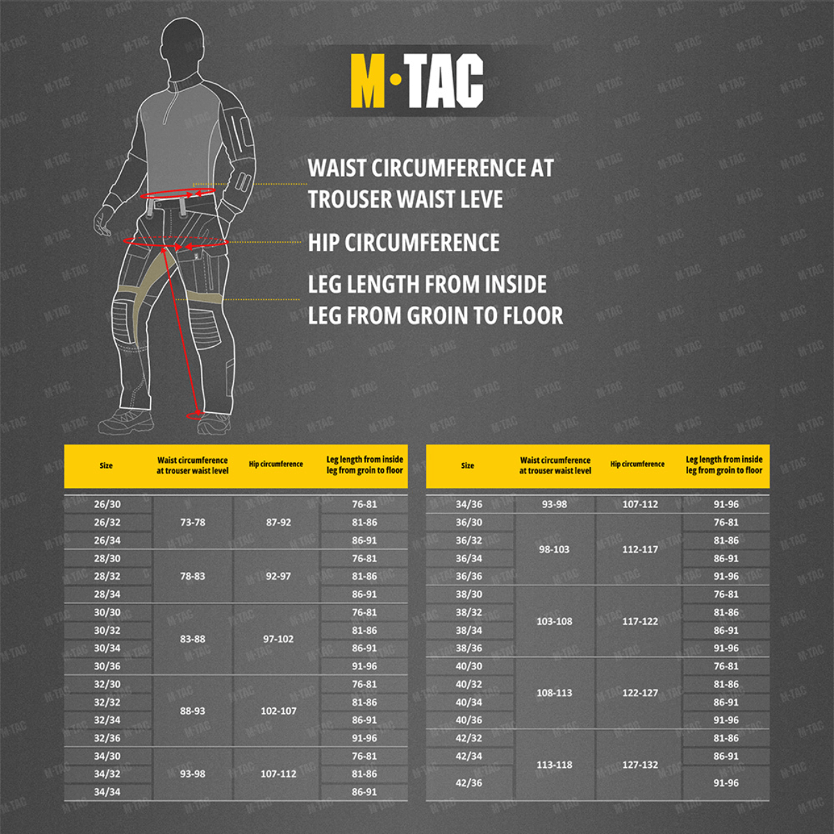 Størrelsesguide for M-Tac Bukser Rubicon Flex med talje- og hoftemål