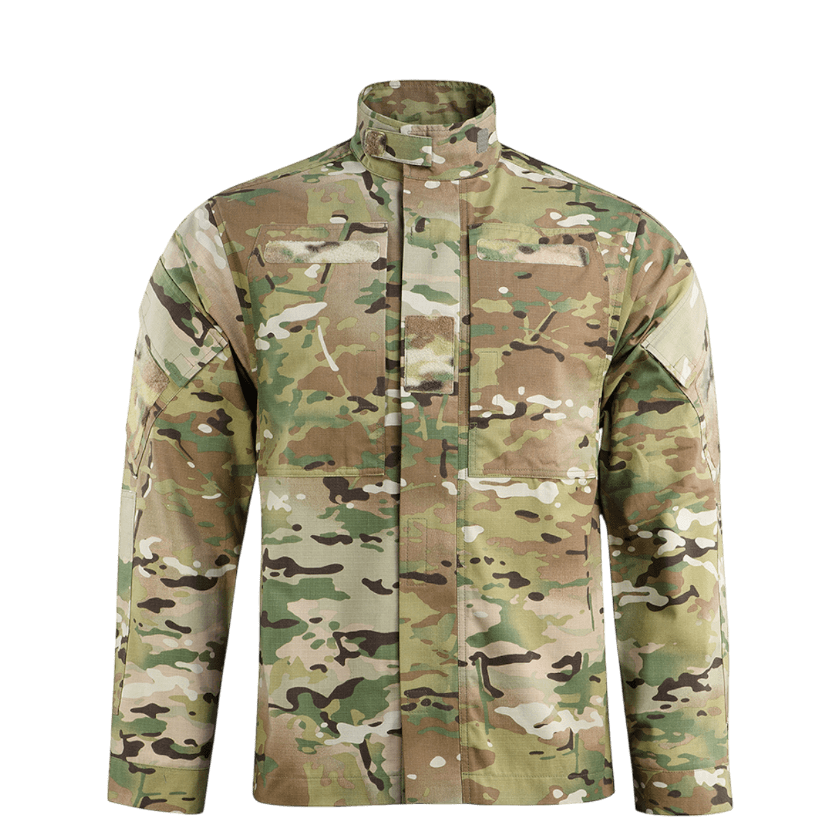 Camo jakke med høj hals og lynlås, designet til holdbarhed og komfort, fremstillet af NYCO stof. Perfekt til udendørs aktiviteter.