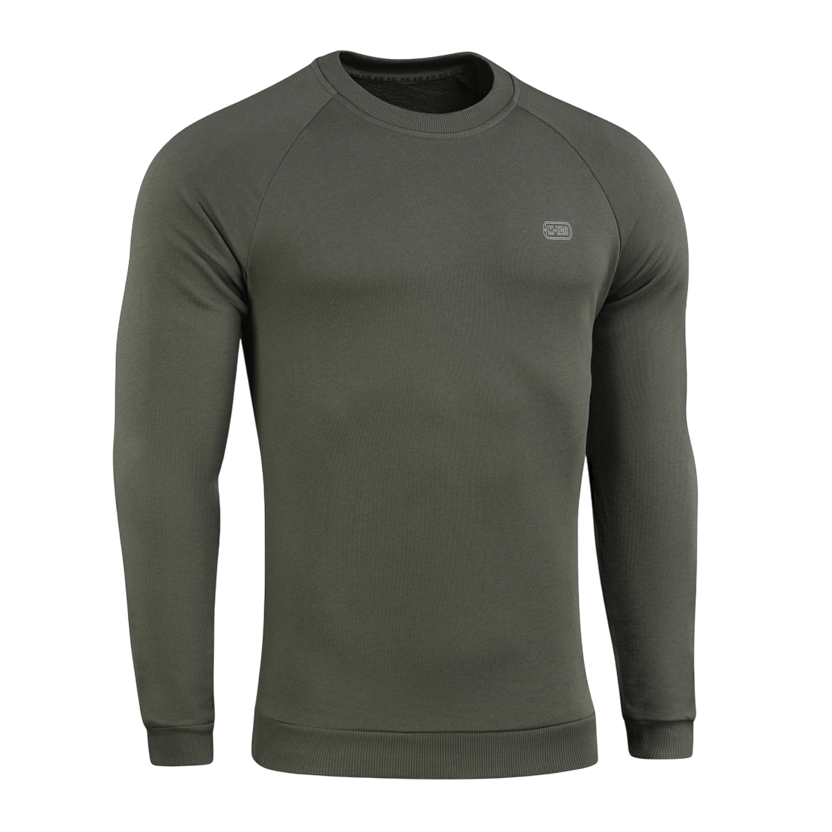 M-Tac Cotton Sweatshirt i olivenfarve med ribkanter, perfekt til aktiv sport som løb og fitness, lavet af 100% bomuld for komfort.