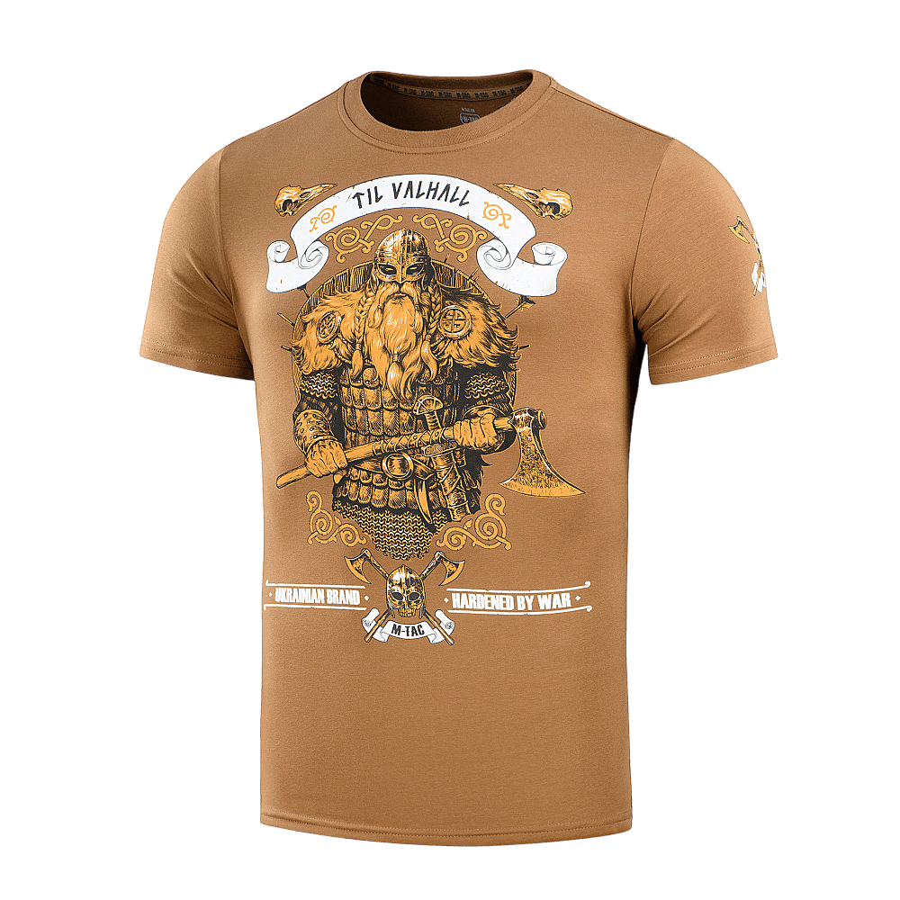 M-Tac T-shirt Viking med vikingemotiv og teksten 'Til Valhall'; designet til at fremhæve kampgejst; fremstillet af 93% bomuld, 7% polyester.