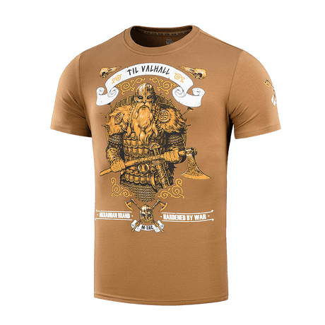 M-Tac T-shirt Viking med vikingemotiv og teksten 'Til Valhall'; designet til at fremhæve kampgejst; fremstillet af 93% bomuld, 7% polyester.