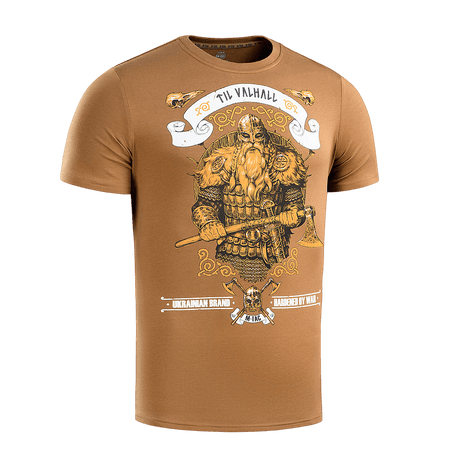 M-Tac T-shirt Viking med motiv af frygtindgydende viking med økse og teksten 'Til Valhall' i kampudrustning, designet til vikingefans.