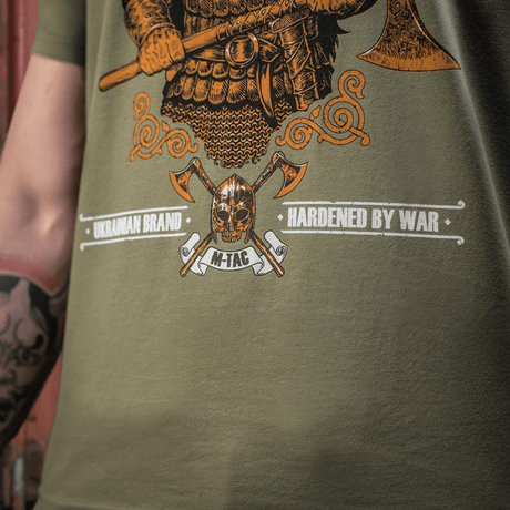 M-Tac T-shirt Viking featuring warrior print and 'Til Valhall' text emphasizing courage and heritage.