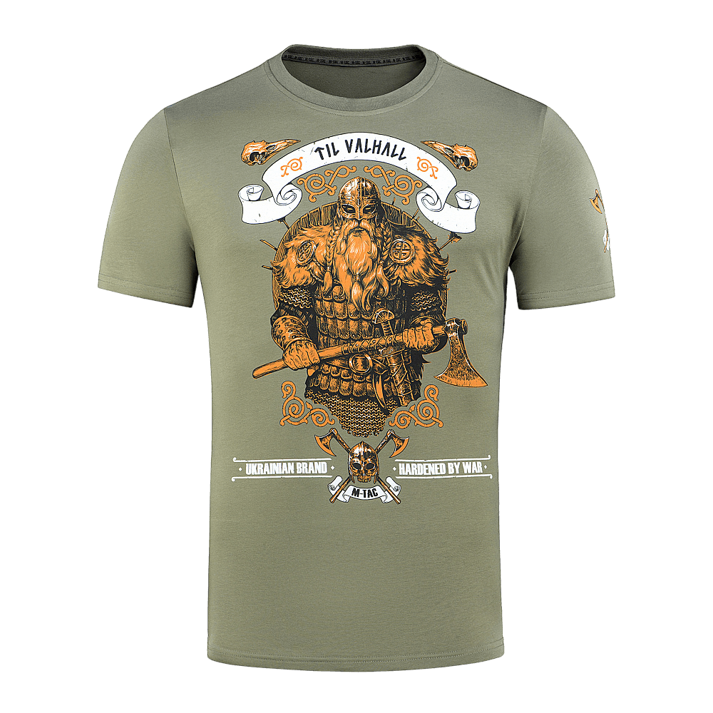 M-Tac T-shirt Viking med frygtindgydende vikingmotiv og "Til Valhall" tekst, designet til at fremhæve mod og kampgejst.