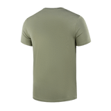 Bagside af M-Tac T-shirt Viking i olivenfarve, designet med 93% bomuld. Fremhæver vikingetema og skandinaviske krigertraditioner.