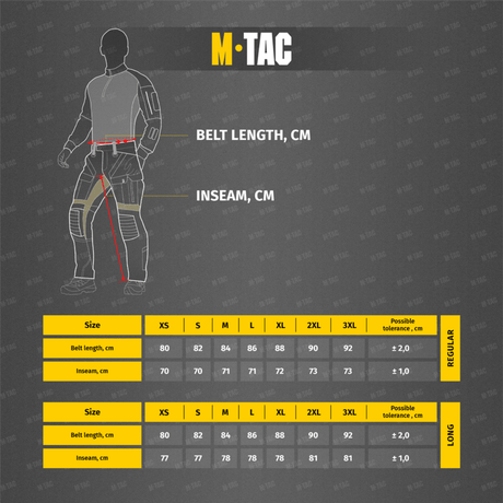 Størrelsesguide for M-Tac Bukser Cotton Classic med mål i cm for bælte- og inseamlængde samt tolerancemuligheder.