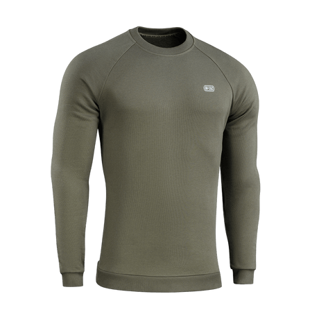 M-Tac Sweatshirt Cotton Hard i olivengrøn farve, lavet af 100% bomuld med reflekterende logo og ribkantdetaljer på ærmer og talje.