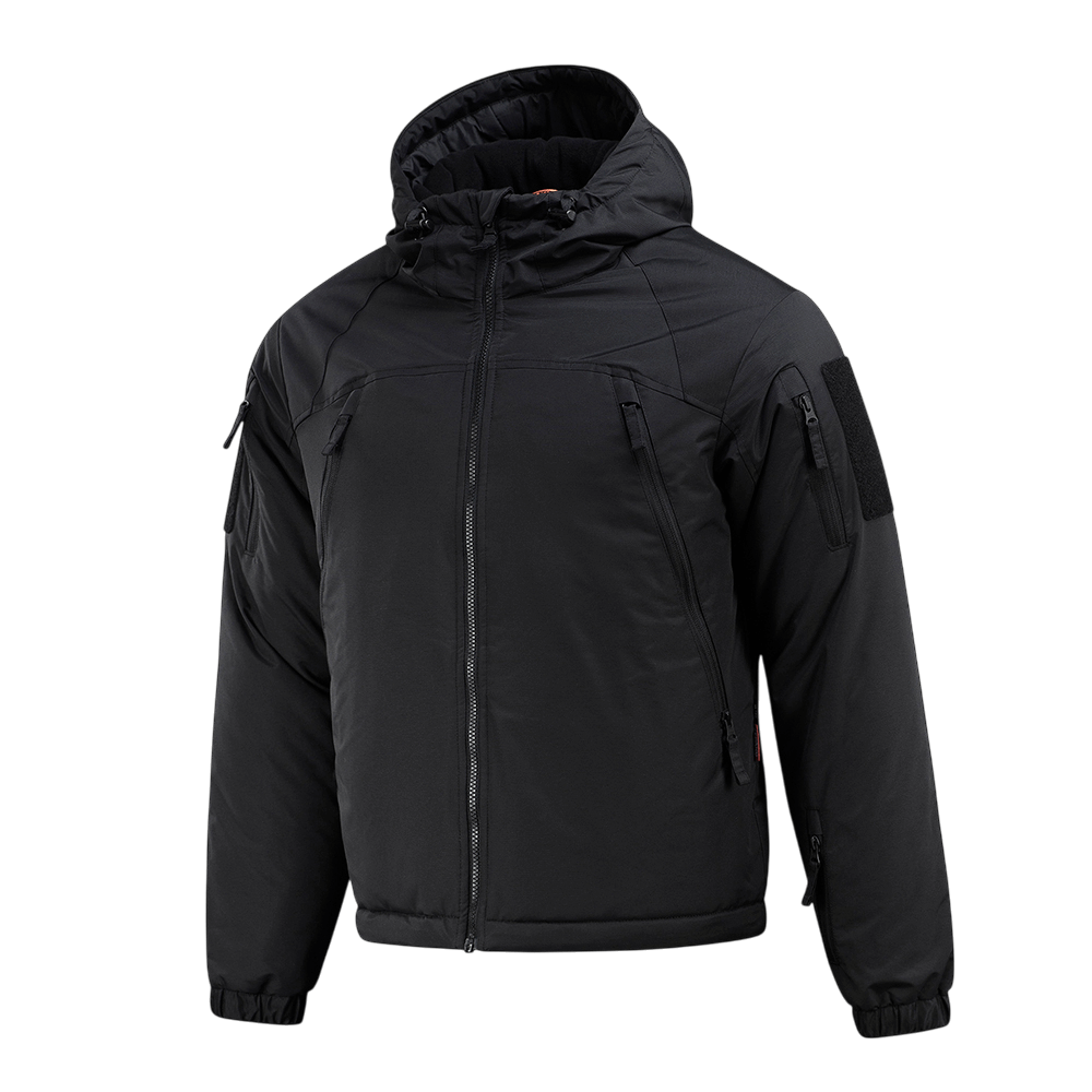 M-Tac Alpha Gen.III Pro Vinterjakke i sort med justerbar hætte og vandtæt nylon, ideel til temperaturer ned til -20°C.