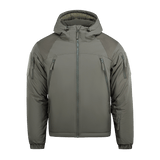 M-Tac Alpha Gen.III Pro Vinterjakke i grå med hætte og forstærkede albuer, designet til komfort og holdbarhed ned til -20°C.