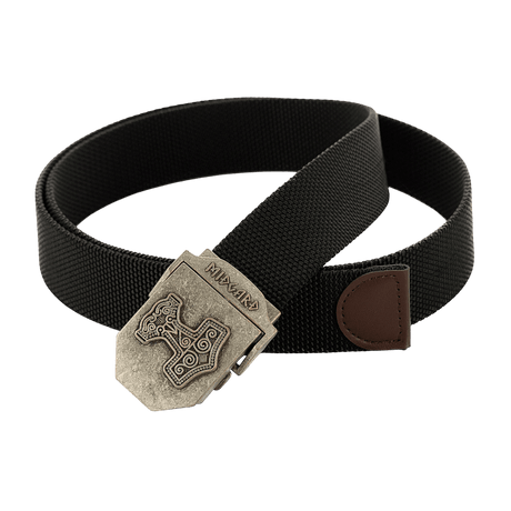 M-Tac Thors Hammer Bælte – Militærstil og funktionalitet, sort nylonbælte med Thor's Hammer-emblem i metalspænde, 38mm bredde.