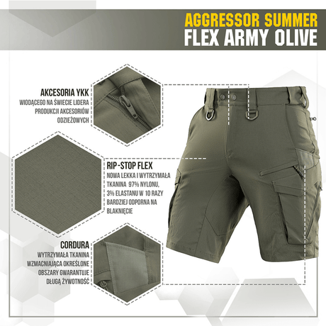 M-Tac Aggressor Summer Flex Shorts i Army Olive farve med taktiske lommer og rip-stop flex stof, ideel til udendørs aktiviteter.