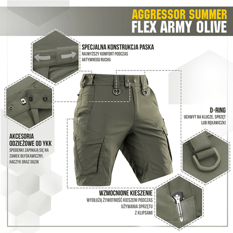 M-Tac Aggressor Summer Flex Shorts i olivenfarve med avancerede funktioner som D-ringe, YKK lynlåse og forstærkede lommer.