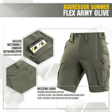 M-Tac Aggressor Summer Flex Shorts i oliven med flere lommer og justerbar talje, fremhævet for taktik og udendørs aktiviteter.