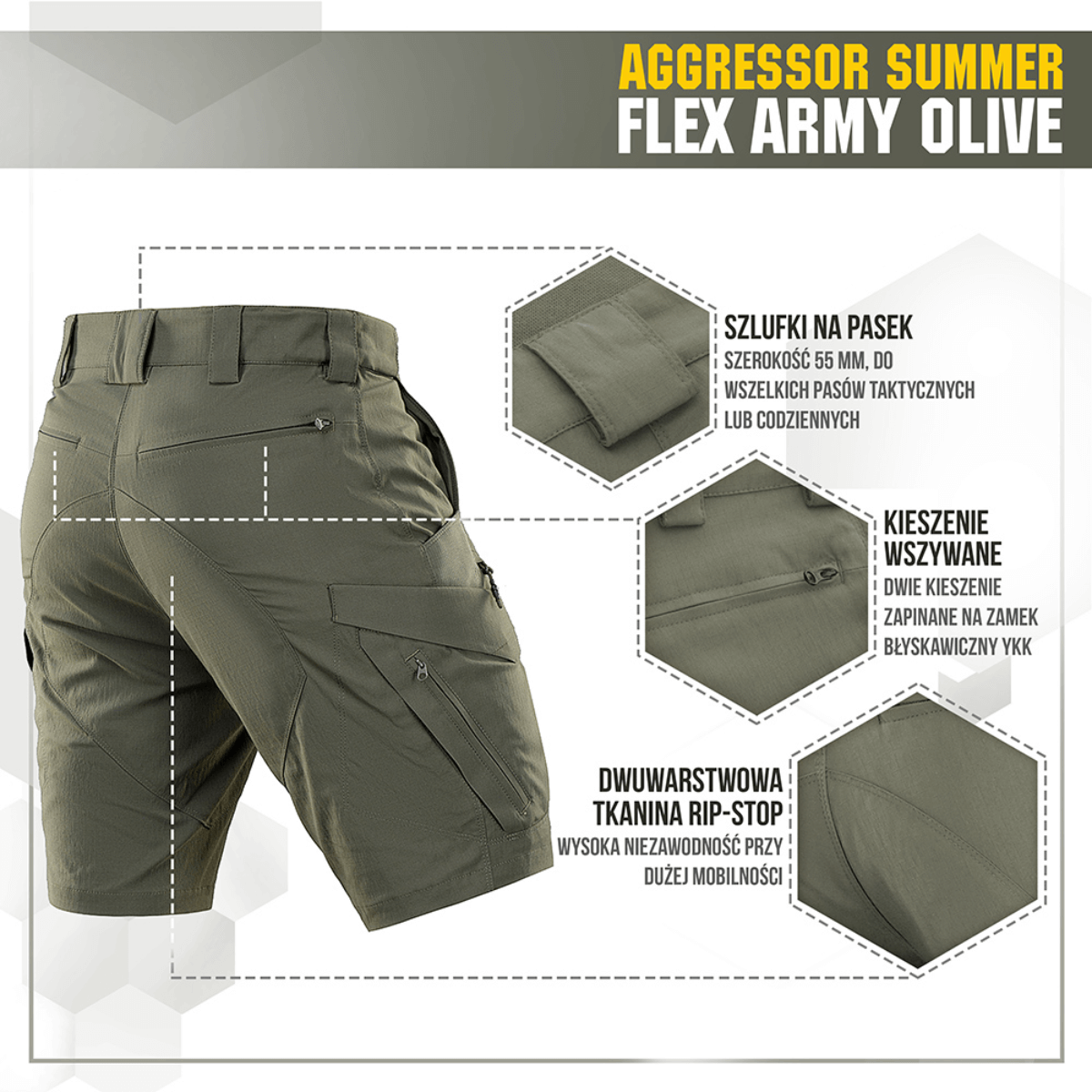 M-Tac Aggressor Summer Flex Shorts i olivengrøn vises bagfra, ideelle til taktiske aktiviteter, med flere lommer og holdbart stof.