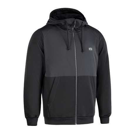 M-Tac Pilgrim Bomberjakke med hætte i sort og grå, komfortabel og funktionel til hverdagsbrug og sport, med lynlås og ribbede manchetter.