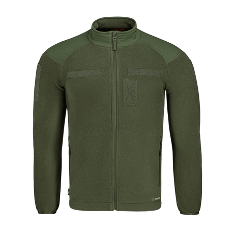 M-Tac Combat Fleece Polartec Jakke i olivengrøn farve med YKK lynlåse, polartec fleece og velcro-paneler, perfekt til taktisk brug.