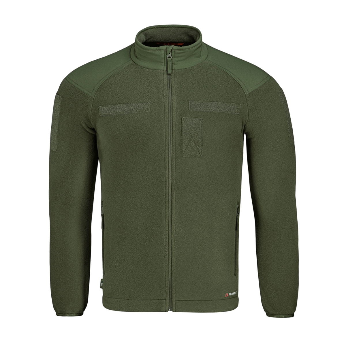 M-Tac Combat Fleece Polartec Jakke i olivengrøn med YKK lynlåse, elastiske manchetter og to sidelommer, ideel til taktisk og casual brug.