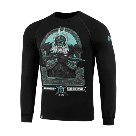 M-Tac Raglan Odin Mystery med Odin motiv i sort og blå, perfekt til casual taktisk stil, 95% bomuld, 5% elastan.
