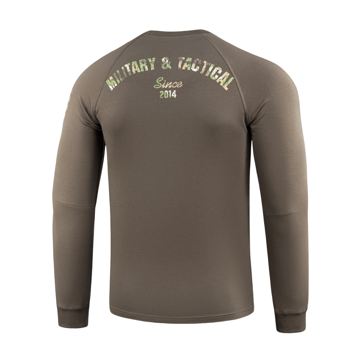M-Tac Raglan Logo ryg med "Military & Tactical Since 2014" tryk, komfortabel pasform, velegnet til taktiske formål.