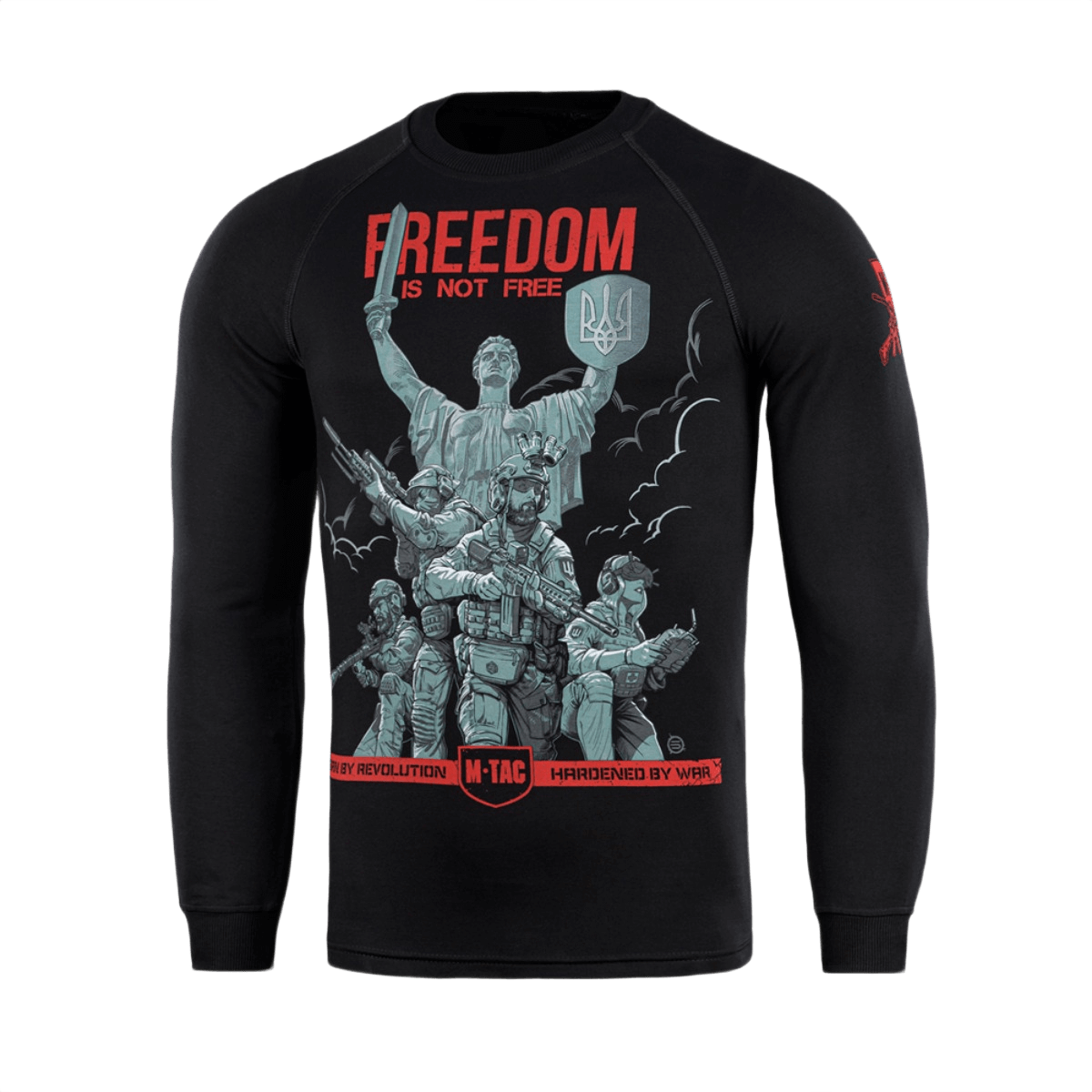 M-Tac Raglan Freedom sweatshirt med tryk af ukrainske soldater foran Moderlandet, moderne og komfortabel pasform, bomuld/elastan.