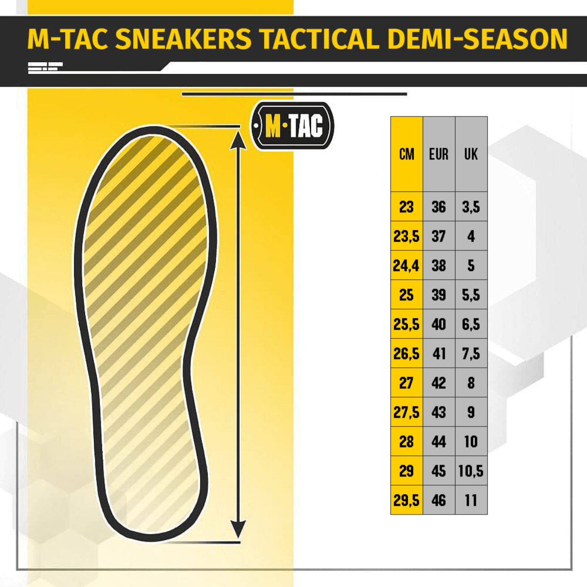 M-Tac Sneakers Tactical Demi-Season størrelsesoversigt, cm, EU, UK, Tactical Sneakers Demi-Season – Let og komfortabel