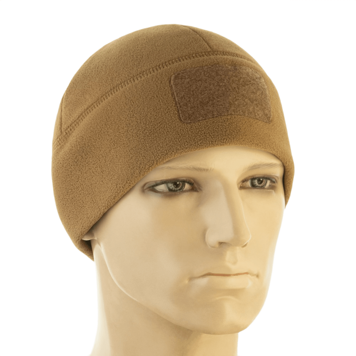 M-Tac Watch Cap Elite Fleece Beanie Hat Velcro i brun farve på mannequin, perfekt til taktisk brug og beskyttelse mod kulde.
