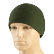 M-Tac Watch Cap Elite Fleece Beanie Hat Velcro i grøn, let og varm hue til taktisk brug med velcro-panel til mærker, bæres på mannequin.