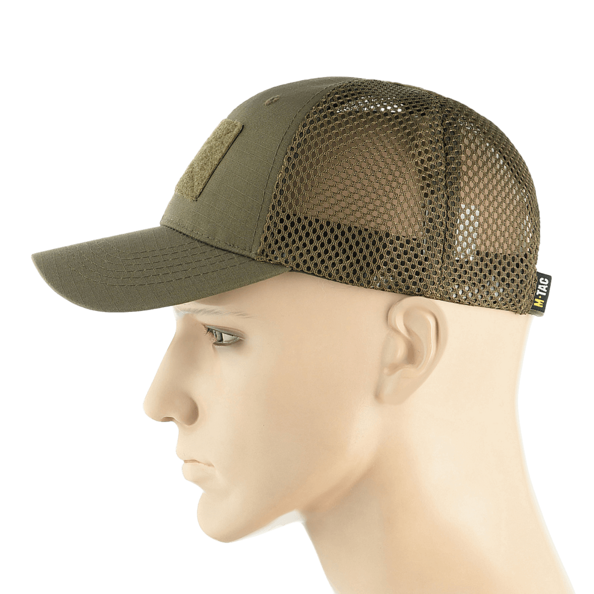 M-Tac Mesh Flex Ripstop Baseball Cap med Velcro i olivengrøn med ventilationsmesh og velcro-panel, set fra siden