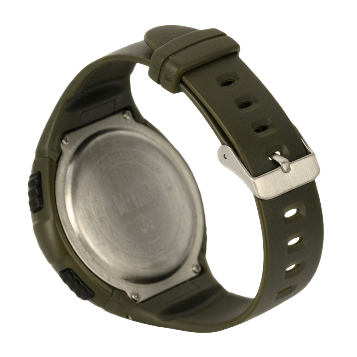 Bagside af M‑Tac Taktisk Ur med Pedometer med grøn rem, perfekt til sport og udendørs aktiviteter, vandtæt og multifunktionel.