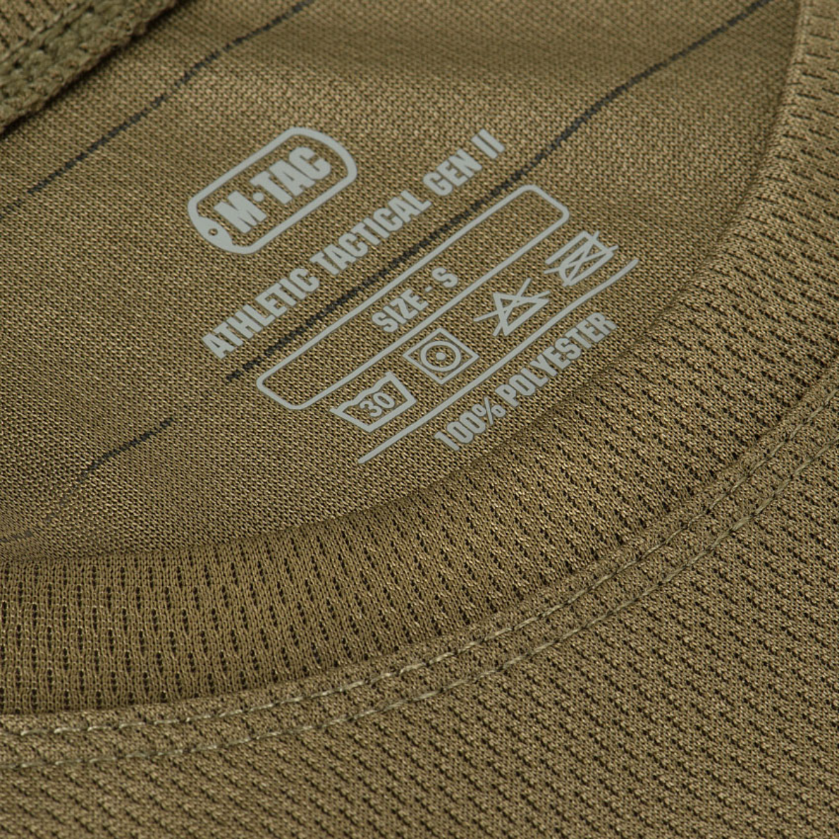 M-Tac Athletic Tactical Gen.II T-shirt label, der viser størrelse S og materialedetaljer.