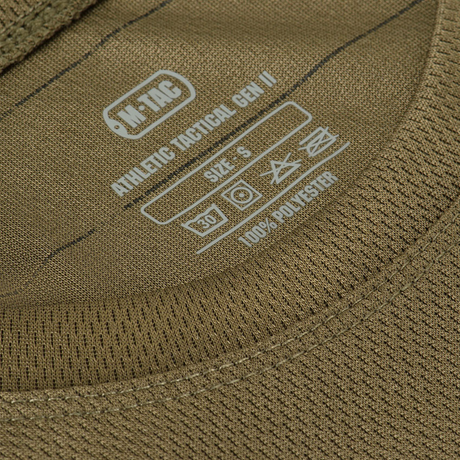 M-Tac Athletic Tactical Gen.II T-shirt label, der viser størrelse S og materialedetaljer.
