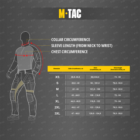 Størrelsesguide for M-Tac Athletic Tactical Gen.II T-shirt med mål for krave, ærme og bryst i cm, størrelser XS til 3XL.