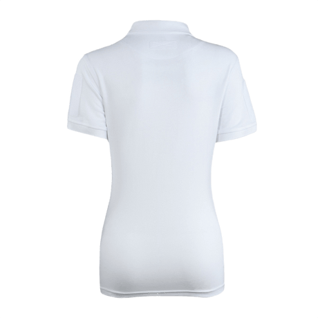 M-Tac Tactical Polo-Shirt 65/35 Lady - hvid kvindelig service-polo af bomulds-polyester blanding, set bagfra med velcroplads på ærmerne.