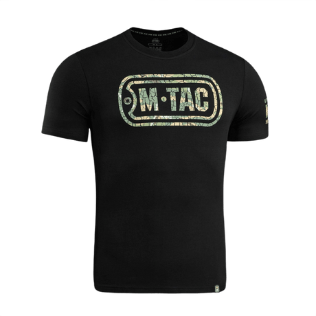 Sort M-Tac T-Shirt Logo i camouflage med slogan "Born by Revolution" på ærmet og tekst "Military&Tactical Since 2014" på ryggen.