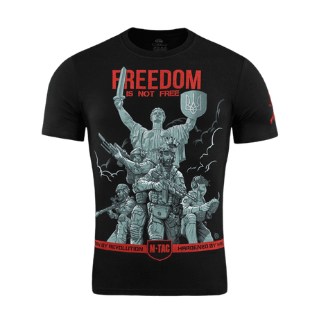 M-Tac T-Shirt Freedom med militærpersonel, modstandssymboler, skjold og sværd, fremhæver beslutsomhed og frihed i blød bomuldsblanding.