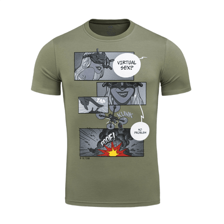 M-Tac T-Shirt Comics Drone Girl i armygrøn med detaljeret tryk af droneoperatør og comic print; 93% bomuld, 7% elastan