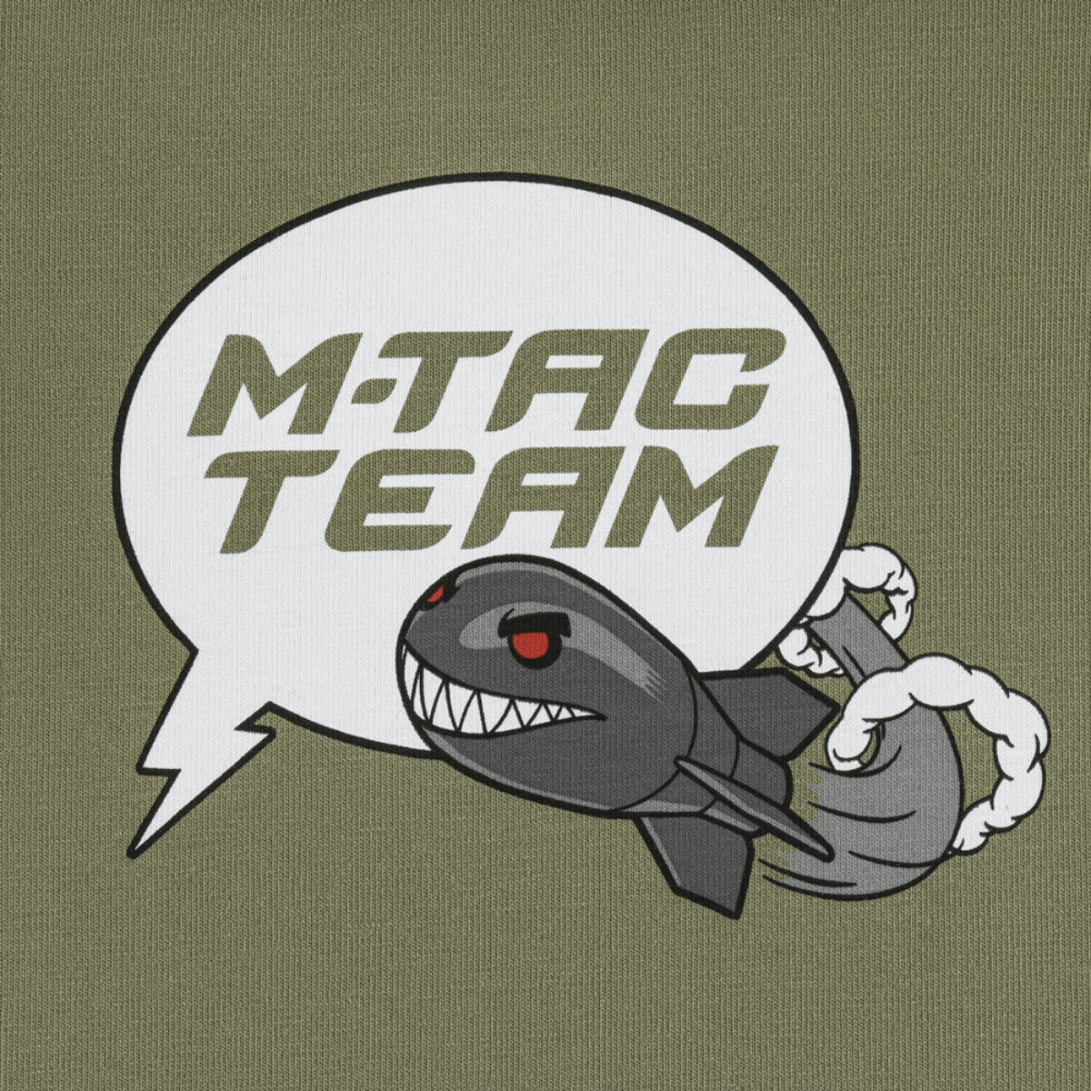 M-Tac T-Shirt Comics Drone Girl design med et aggressivt dronetryk og M-Tac Team tekstbobbel på en grøn baggrund