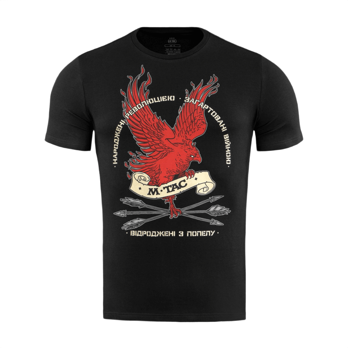 M-Tac T-Shirt Phoenix med Fugl Føniks og slogan "Born by the Revolution – Hardened by War", symboliserende styrke og genopstandelse.