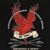 M-Tac T-Shirt Phoenix design med rød Fugl Føniks og tre pile, symboliserer genopstandelse og styrke, "Born by the Revolution" slogan.