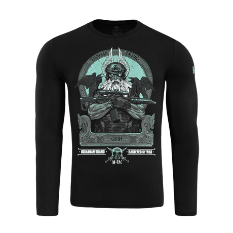 M-Tac T-Shirt Odin Mystery Long Sleeve med Odin og ravnene Hugin og Munin, moderne kampudstyr og teksten 'Valhalla Calling'.
