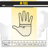 Størrelsesguide for M-Tac Handsker Scout Tactical i tommer: XS-7, S-7.8, M-9, L-9.8, XL-11, 2XL-12.